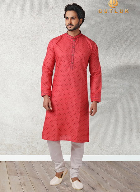 Red Colour Outluk Vol 44 Function Wear Pure Cotton With Digital Print Kurta Pajama Mens Collection 44001